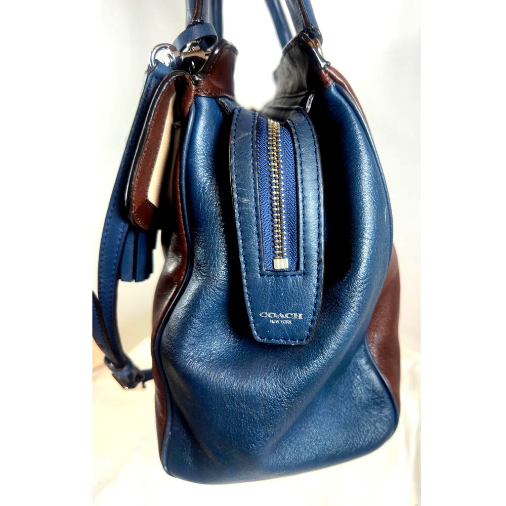 Coach Navy Blue & Brown Leather Two-Way Satchel | Silver Hardware | Dust Bag - Picture 3 of 15